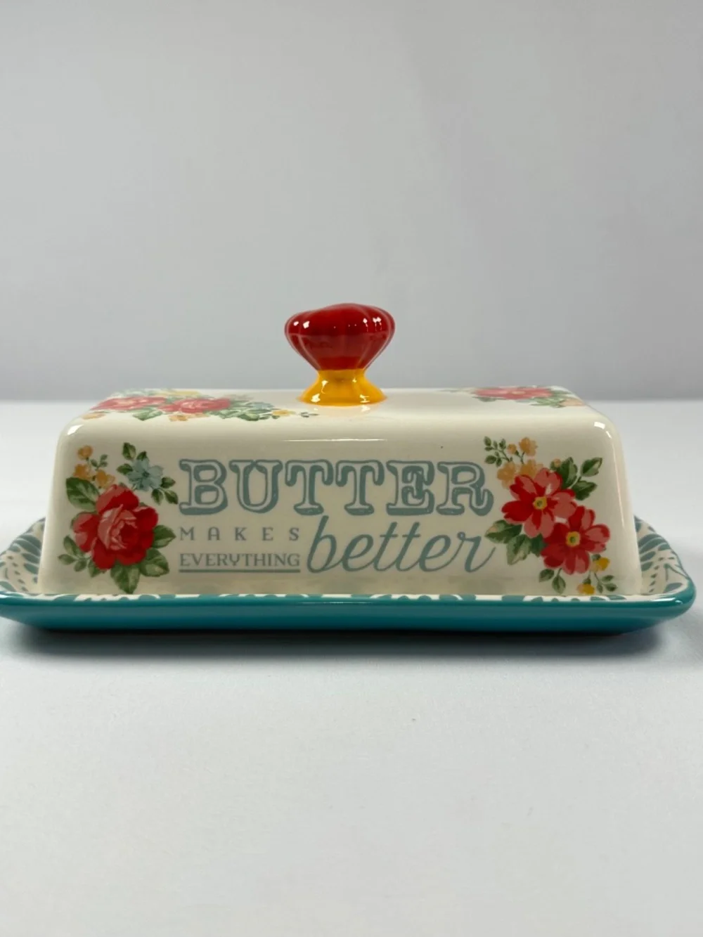 The Pioneer Woman Vintage Floral Butter Dish Stoneware Ceramic Red Teal Yellow